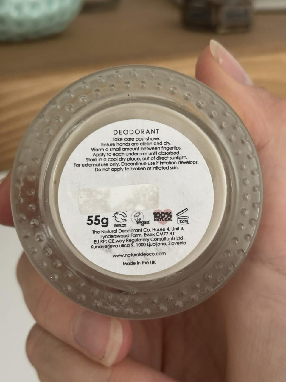 the underside of the Natural Deodorant Co, deo tub to show how to use and the fact it is vegan and cruelty free etc