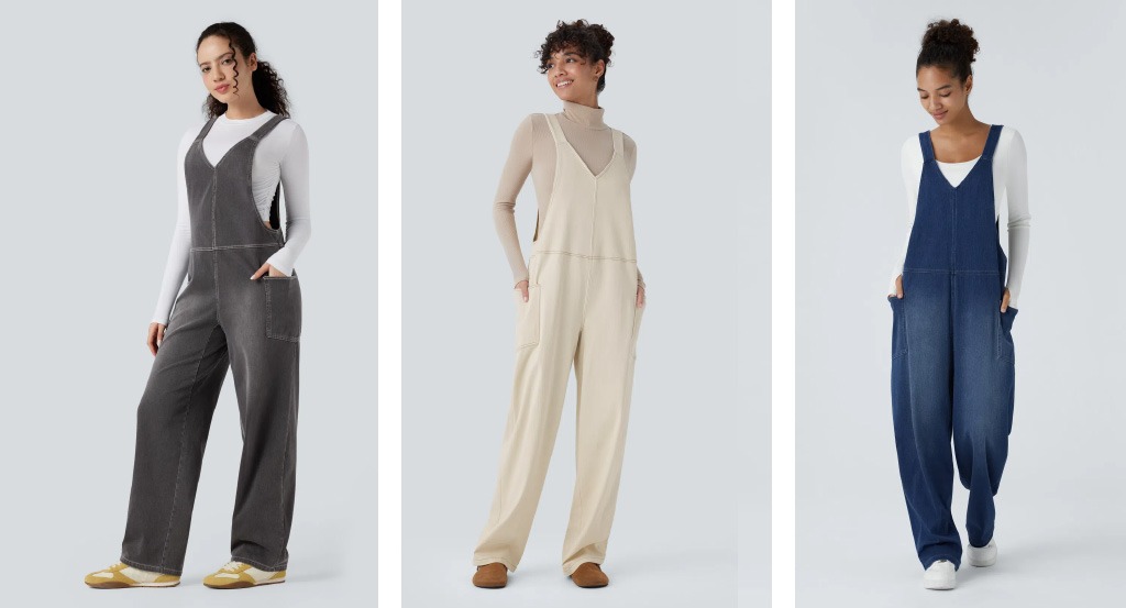 a set of 3 photos of women wearing different jump suits