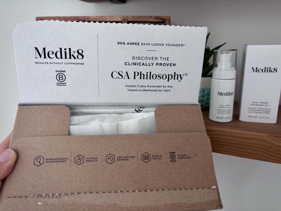 the main box from Medik8 and the bottle and box the serum comes in