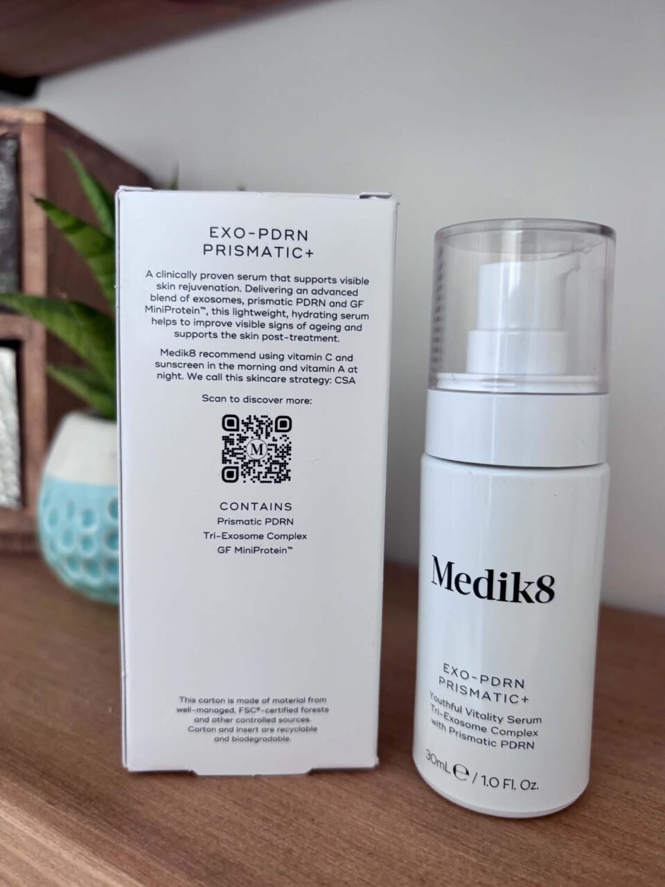 the eco-PDRN Prismatic+ box and bottle showing what Medik8 say about it on the packaging