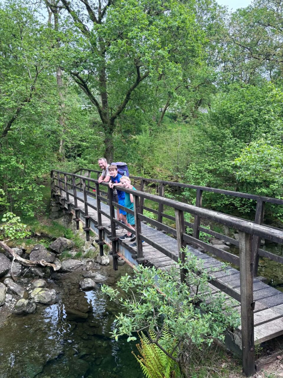 my husband and boys on a bridge