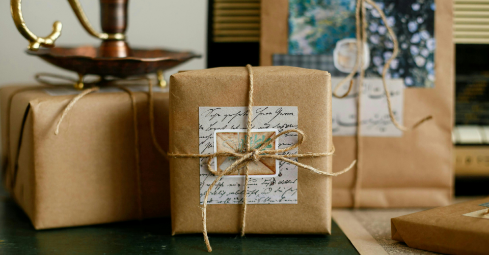gift boxes wrapped in brown paper