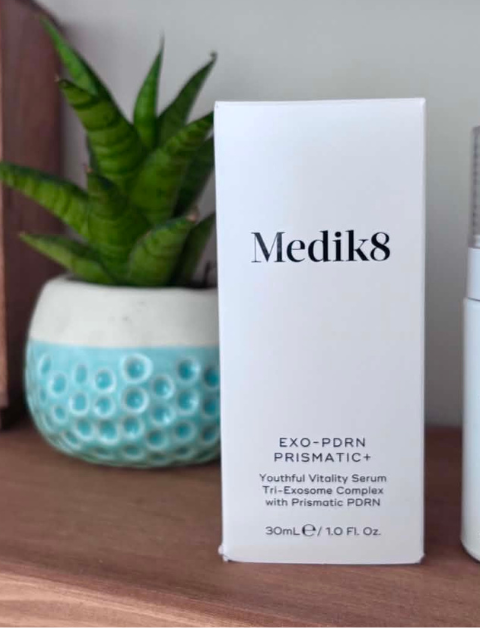 Medik8 exo-PDRN prismatic+ serum and thte box sat on a shelf