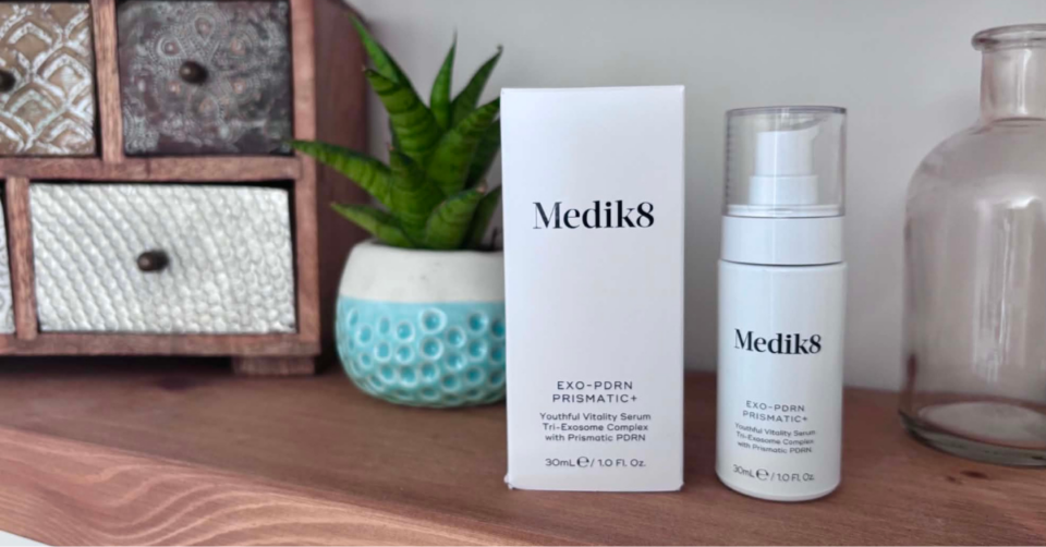 Medik8 exo-PDRN prismatic+ serum and thte box sat on a shelf
