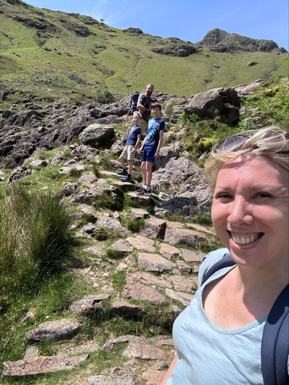 all 4 of us on the climb up to Stickle Tarn