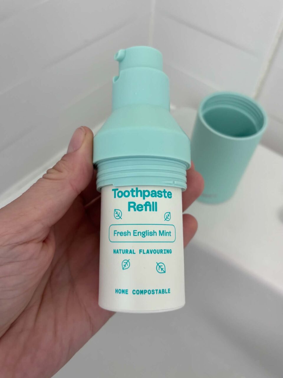 the new V2 version of mighty mouthcare refill screwed into lid