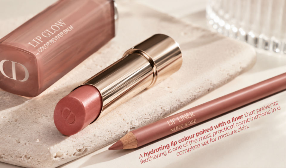 pretty lipstick and lip liner in nude rose with the words A hydrating lip colour paired with a liner that prevents feathering is one of the most practical combinations in a complete set for mature skin