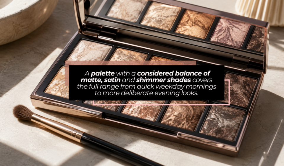 a bronze looking makeup set with brush and the words A palette with a considered balance of matte, satin and shimmer shades covers the full range from quick weekday mornings to more deliberate evening looks