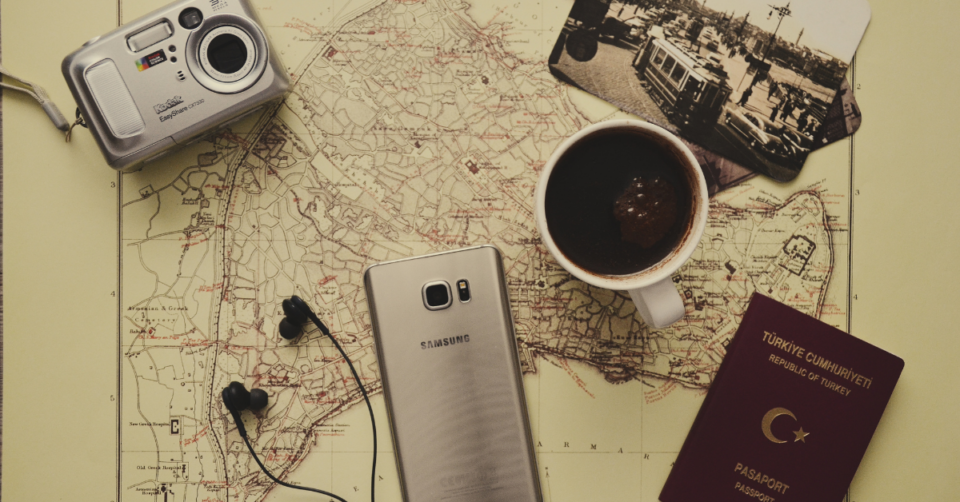 travel map and passport and camera